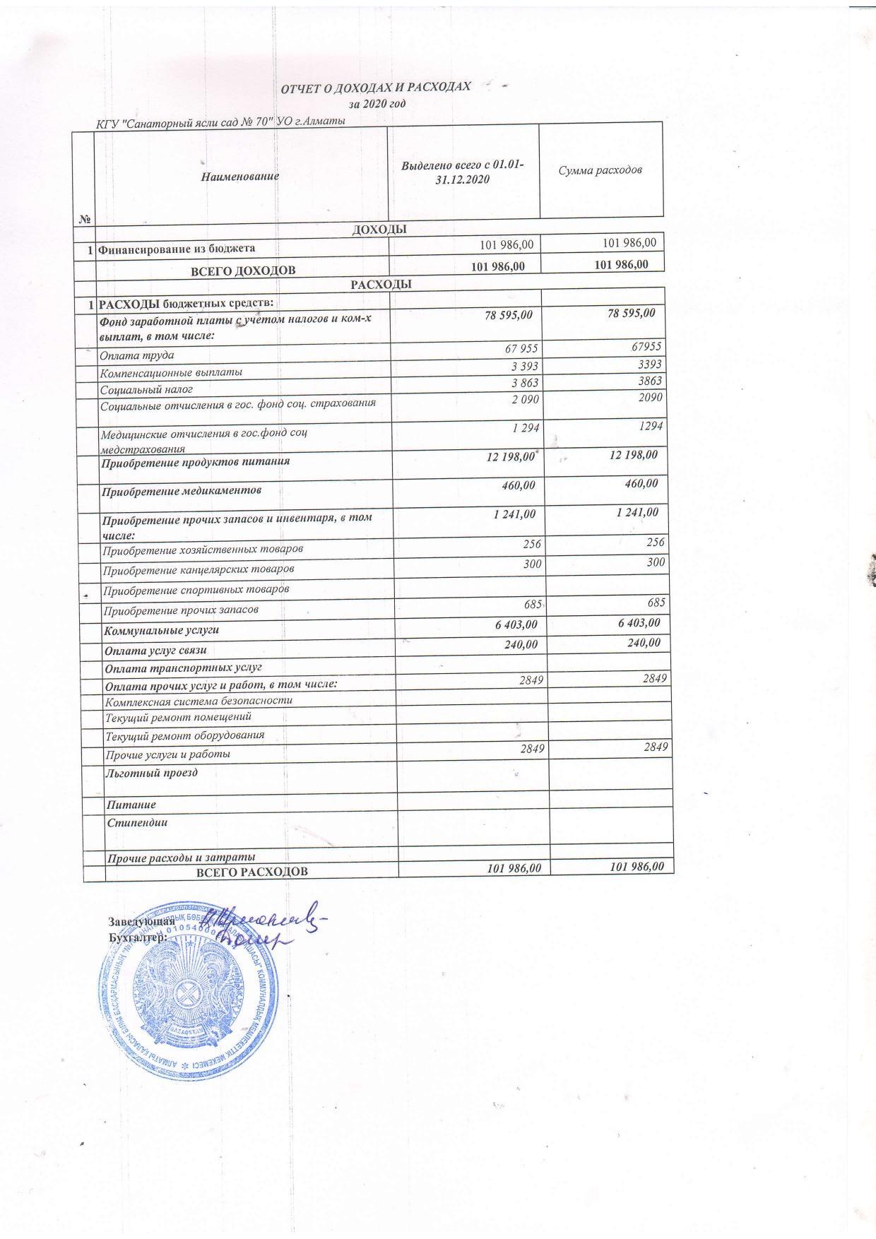 Отчет о доходах и расходах за 2020 год.